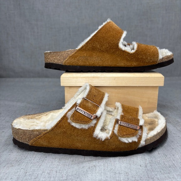 Birkenstock Arizona Shearling Suede Tan Leather Slides Sandals Women's EU 36 - Picture 2 of 10